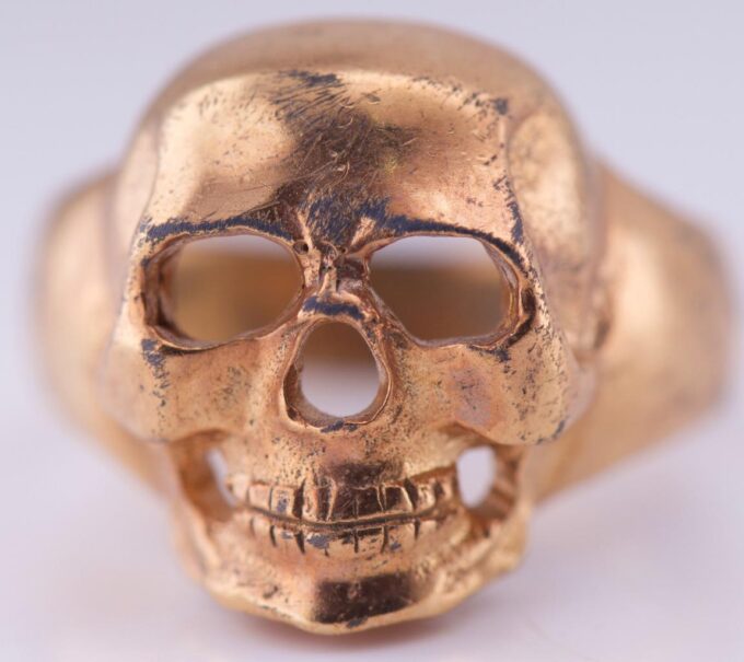 Antique WWI Gilt Silver Pilot's Skull Ring Memento Mori-31th Death Avio-Regiment