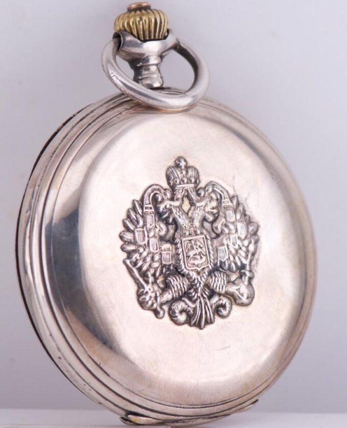 Antique Imperial Moser Award Full Hunter Silver Case Pocket Watch and Badge 1890