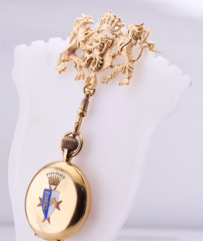 One-of-a-Kind Antique 18K Solid Gold Enamel Brooch Fob Watch English Royal Court