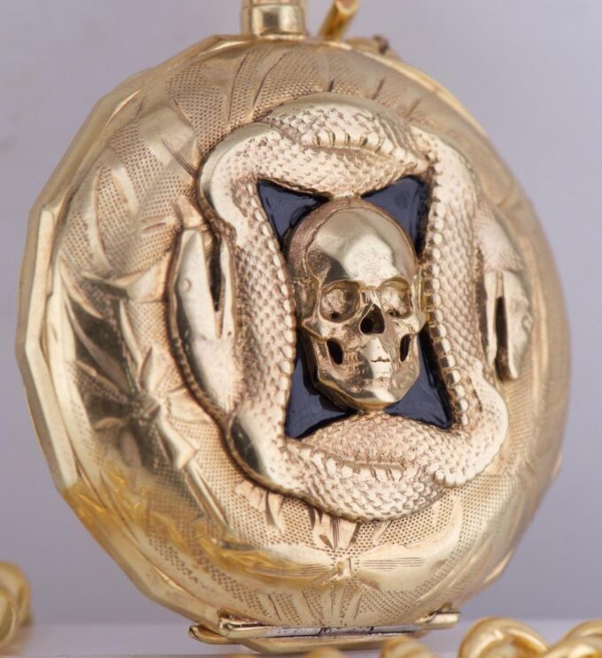 Victorian 18K Gilt Vermeil Silver & Enamel Memento Mori Skull & Ouroboros Snake