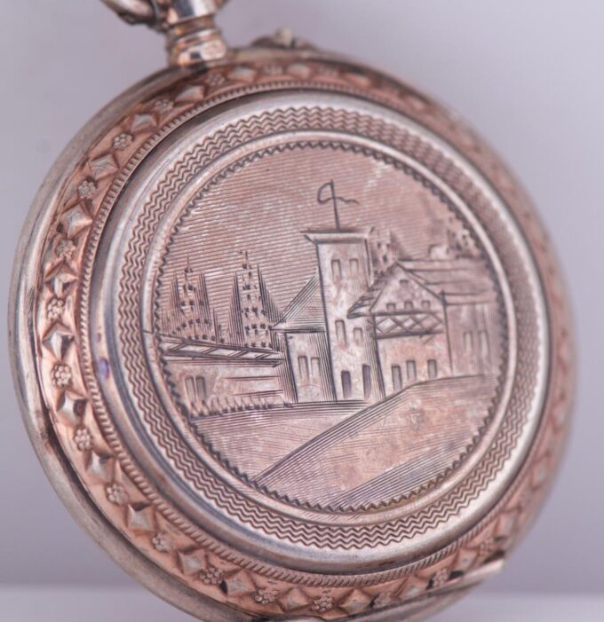 Antique Silver Engraved Pocket Watch for Chinese Market c1900s-Hand Painted Dial