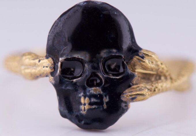 Antique Victorian Memento Mori Skull and Snakes Men’s Ring c1890s Gilt Silver