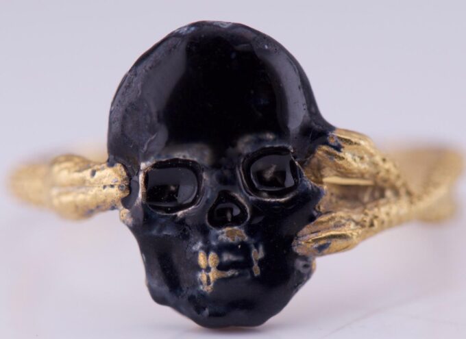 Antique Victorian Memento Mori Skull and Snakes Men’s Ring c1890s Gilt Silver