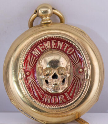 Victorian 18K Gilt Vermeil Silver & Enamel Memento Mori Skull & Ouroboros Snake