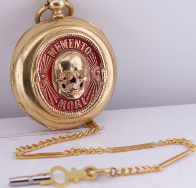 Victorian 18K Gilt Vermeil Silver & Enamel Memento Mori Skull & Ouroboros Snake