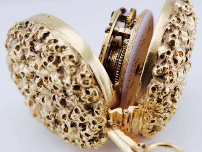Antique French Pocket Watch Verge Fusee Skull 18k Gilt Ormolu Case c1730's RARE