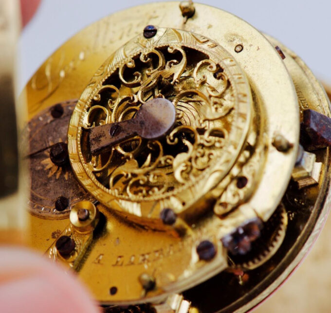 Antique French Pocket Watch Verge Fusee Skull 18k Gilt Ormolu Case c1730's RARE