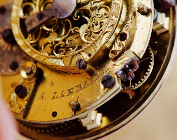 Antique French Pocket Watch Verge Fusee Skull 18k Gilt Ormolu Case c1730's RARE