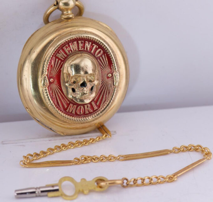 Victorian 18K Gilt Vermeil Silver & Enamel Memento Mori Skull & Ouroboros Snake