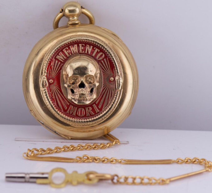 Victorian 18K Gilt Vermeil Silver & Enamel Memento Mori Skull & Ouroboros Snake
