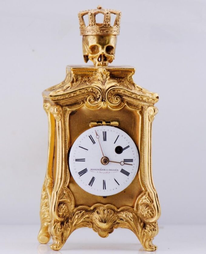 Antique French Verge Fusee Gilt Bronze Desk Clock Memento Mori Skull Doctor's