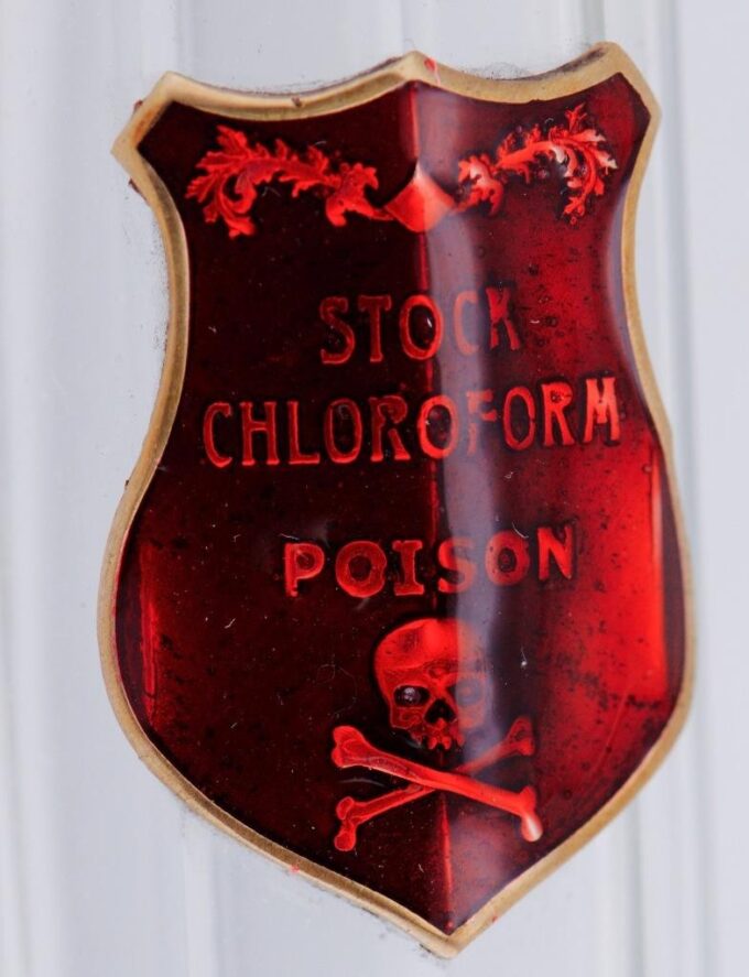 Antique Victorian Medicine Poison Bottle Crystal Enamel c1880s-Skull Warning Tag