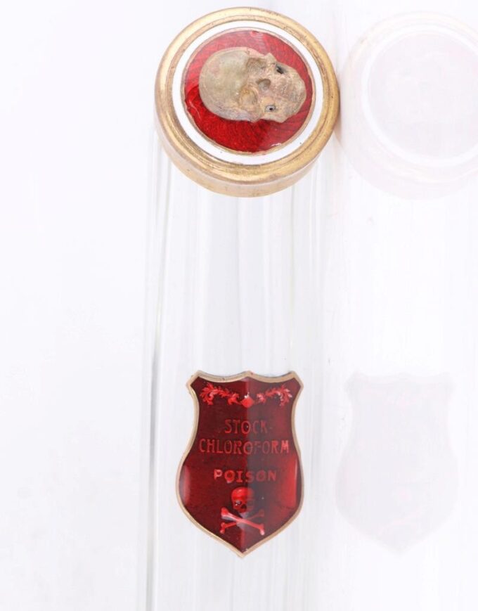 Antique Victorian Medicine Poison Bottle Crystal Enamel c1880s-Skull Warning Tag
