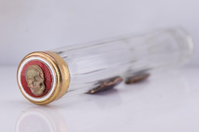 Antique Victorian Medicine Poison Bottle Crystal Enamel c1880s-Skull Warning Tag