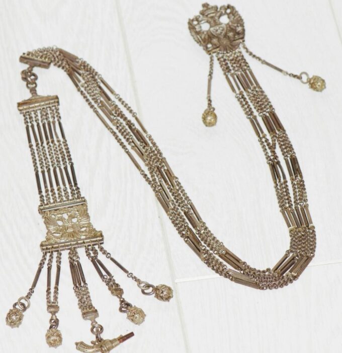 Antique 19th Century Imperial Silver Pocket Watch Chatelaine Chain Fob 87cm Long