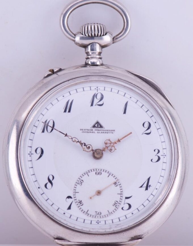 WWI German Pocket Watch Deutsche Prazisions-Uhrenfabrik Glashutte Silver Enamel