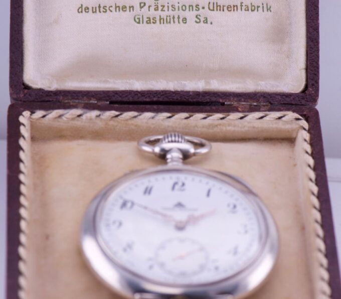 WWI German Pocket Watch Deutsche Prazisions-Uhrenfabrik Glashutte Silver Enamel
