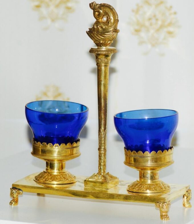 Antique Imperial Faberge Salt Holder Gilt Silver Cobalt Blue Crystal Tsar Era
