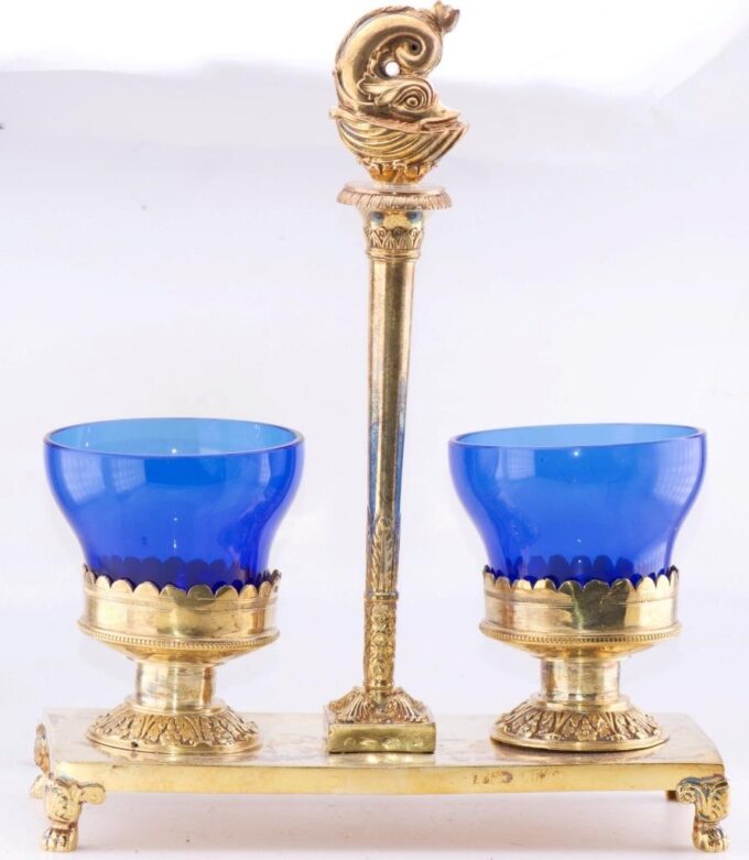 Antique Imperial Faberge Salt Holder Gilt Silver Cobalt Blue Crystal Tsar Era