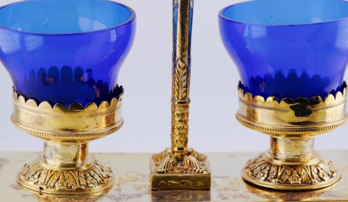 Antique Imperial Faberge Salt Holder Gilt Silver Cobalt Blue Crystal Tsar Era