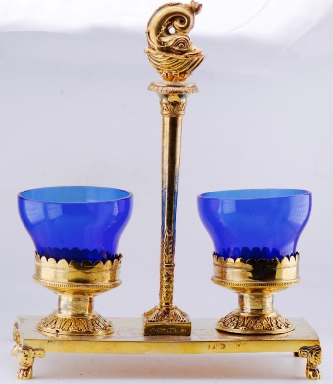 Antique Imperial Faberge Salt Holder Gilt Silver Cobalt Blue Crystal Tsar Era