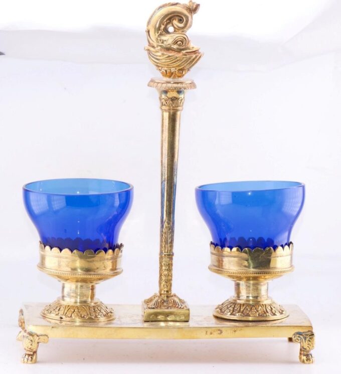 Antique Imperial Faberge Salt Holder Gilt Silver Cobalt Blue Crystal Tsar Era
