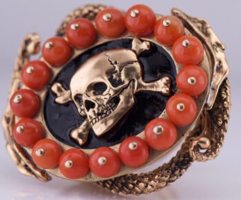 Antique Victorian Men’s Memento Mori Skull Snakes Ring 9K Gold Enamel Corals