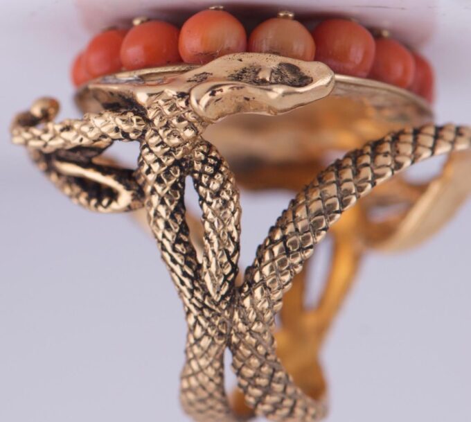 Antique Victorian Men’s Memento Mori Skull Snakes Ring 9K Gold Enamel Corals