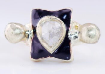Antique Victorian Memento Mori Skull Ring 18K Gold Black Enamel & 0.5ct Diamond