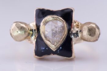 Antique Victorian Memento Mori Skull Ring 18K Gold Black Enamel & 0.5ct Diamond