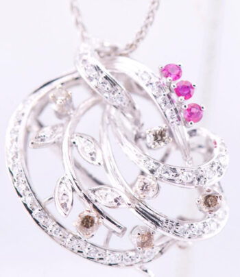 Vintage Estate Pendant Necklace 18k White Gold 1ct Diamond Rubies Boxed