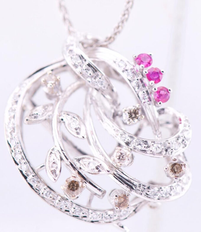 Vintage Estate Pendant Necklace 18k White Gold 1ct Diamond Rubies Boxed
