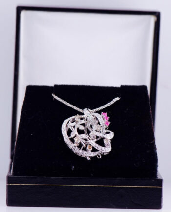 Vintage Estate Pendant Necklace 18k White Gold 1ct Diamond Rubies Boxed