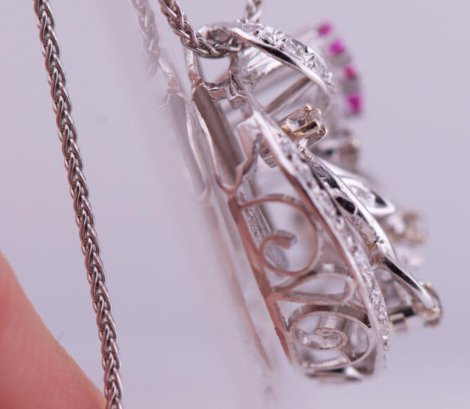Vintage Estate Pendant Necklace 18k White Gold 1ct Diamond Rubies Boxed