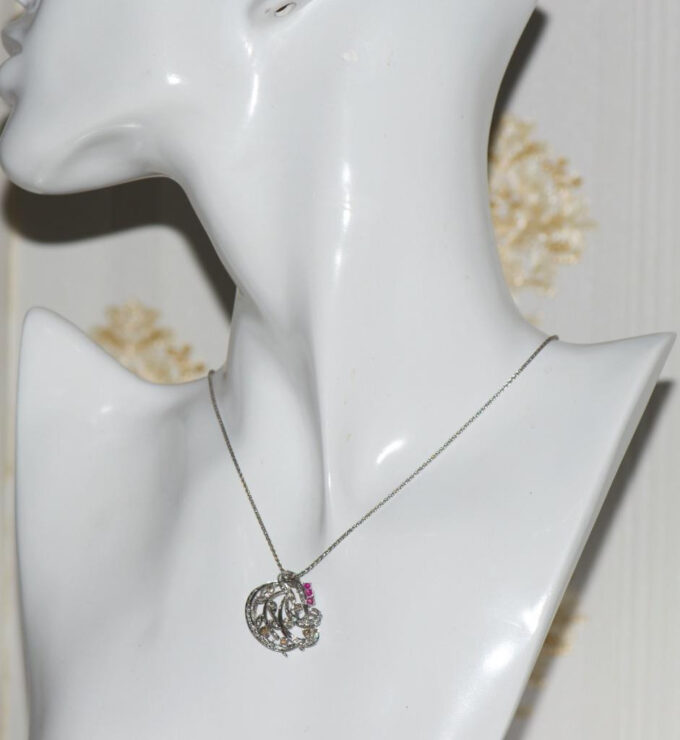 Vintage Estate Pendant Necklace 18k White Gold 1ct Diamond Rubies Boxed