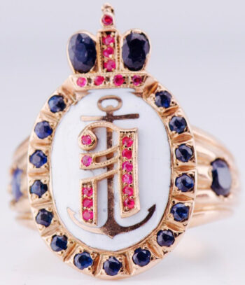 Amazing Navy Award Mens Ring 14k Gold Enamel Ruby Sapphire