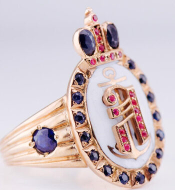 Amazing Navy Award Mens Ring 14k Gold Enamel Ruby Sapphire