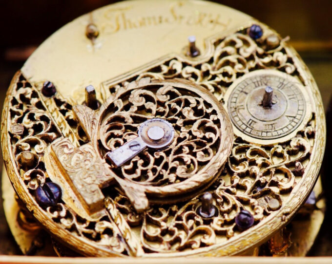 Antique English Verge Fusee ALARM Desk Watch Gilt Silver Engraved Chest c1698