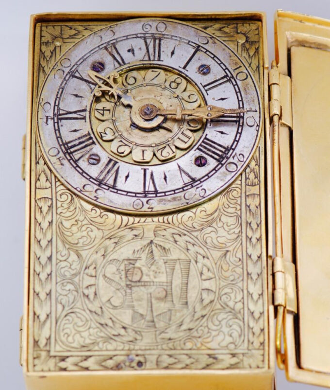 Antique English Verge Fusee ALARM Desk Watch Gilt Silver Engraved Chest c1698
