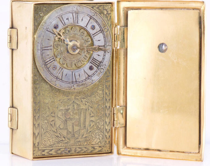 Antique English Verge Fusee ALARM Desk Watch Gilt Silver Engraved Chest c1698