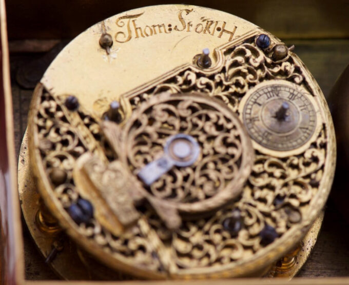 Antique English Verge Fusee ALARM Desk Watch Gilt Silver Engraved Chest c1698