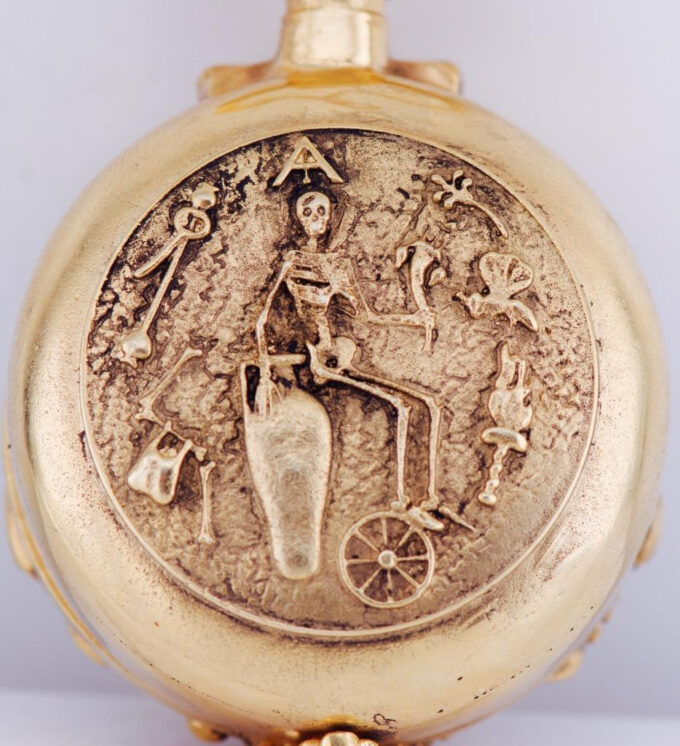 Antique Occultist Verge Fusee Pocket Watch Memento Mori Skull Gilt Chased Case