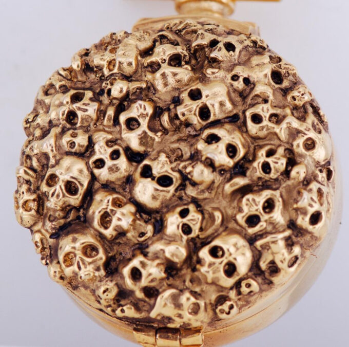 Antique Occultist Verge Fusee Pocket Watch Memento Mori Skull Gilt Chased Case