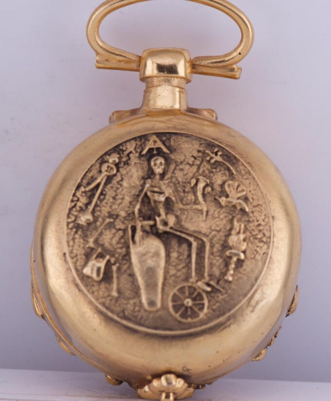 Antique Occultist Verge Fusee Pocket Watch Memento Mori Skull Gilt Chased Case