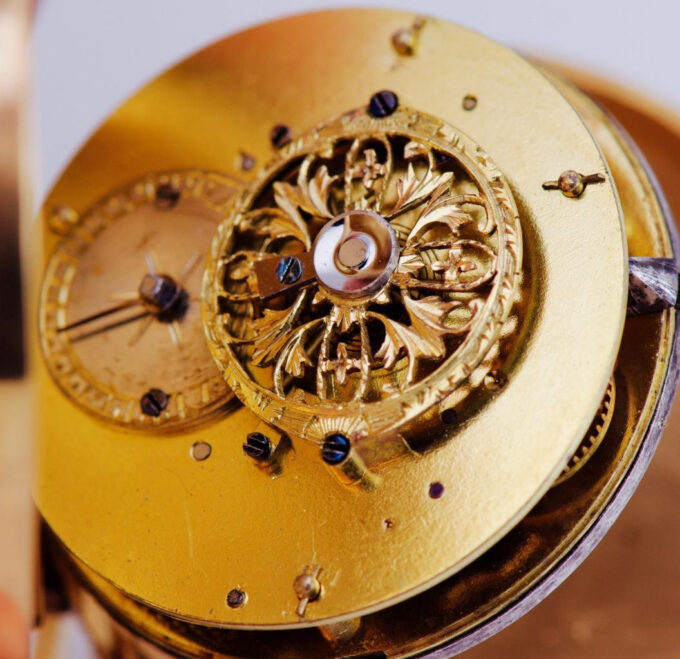 Antique Occultist Verge Fusee Pocket Watch Memento Mori Skull Gilt Chased Case