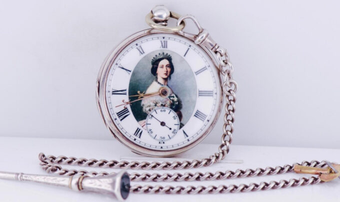 Antique Pocket Fob Watch Sterling Silver Enamel Dial Portrait of Queen Victoria