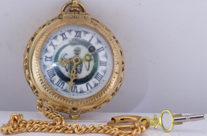Antique French Occultist Pocket Watch Verge Fusee Skeletons Bats Gilt Case c1760