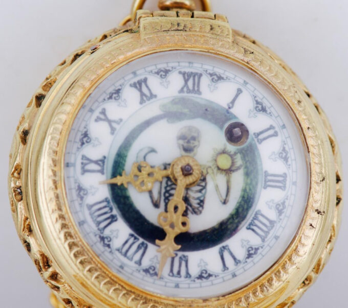 Antique French Occultist Pocket Watch Verge Fusee Skeletons Bats Gilt Case c1760