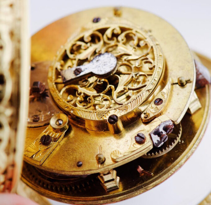 Antique French Occultist Pocket Watch Verge Fusee Skeletons Bats Gilt Case c1760