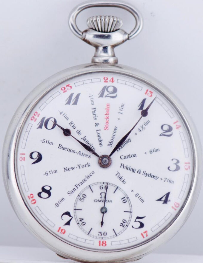 Antique Omega GMT WORLD TIME Pocket Watch Show the Time in 13 Cities WORLD MAP